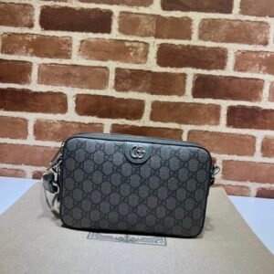 Gucci GG Supreme Camera Crossbody Bag – Grey/Black Monogram PVC & Leather Trim